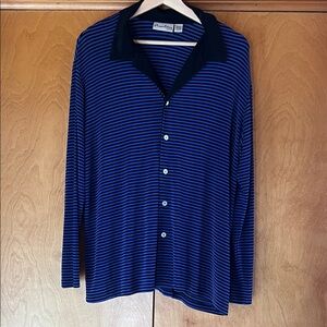 Vintage CHICO’S Blue & Black Striped Button-down Collared Long-Sleeve Polo